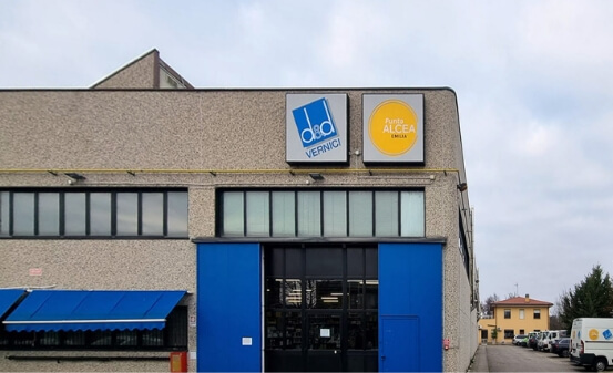 detail of logos and entrance in overview of ALCEA commercial office in Bologna, Italy