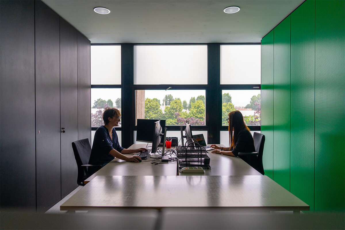 Collaboratori in ALCEA al computer in un ufficio moderno e stimolante