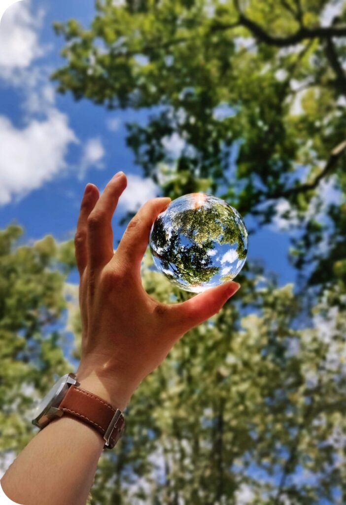 Mano con una sfera di vetro e rami verdi, simbolo di salute e sicurezza.